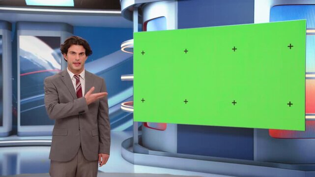Talk Show TV Program: Male Presenter Standing in Studio, Uses Big Green Chroma Key Screen. News Achor, Presenter Talks About News, Weather, Sport, Analysis. Playback Mock-up Cable Channel.