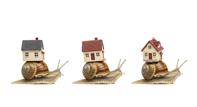 Three Snails Carrying Miniature Houses on Shells, Conceptual Image for Slow Real Estate Market and Housing