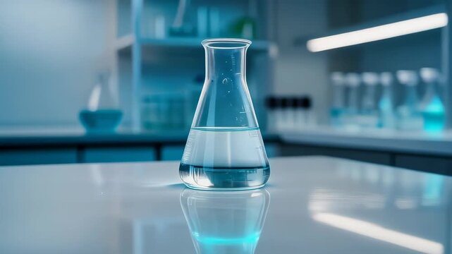 Clear laboratory glass flask with liquid on reflective surface in modern scientific research lab