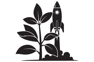 Fototapeta premium Growing plant alongside a launching rocket ship silhouette icon