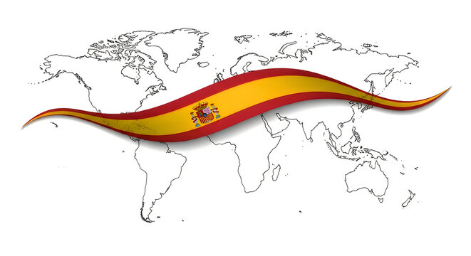 Spanish flag waving over a world map