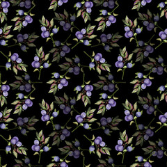Blueberry seamless pattern watercolor branches.A delicate ornament of berries. For fabric, textile design, digital paper. Black background