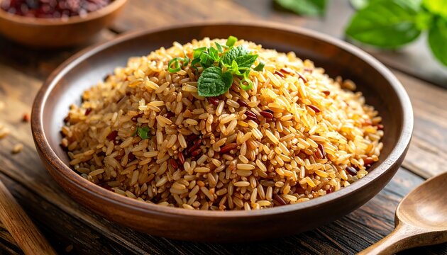 Brown rice mix in wooden bowl. Sprig garnish atop. Rustic table setting. Close-up food shot