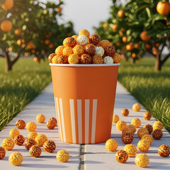 Orange cup overflowing with popcorn in orchard setting