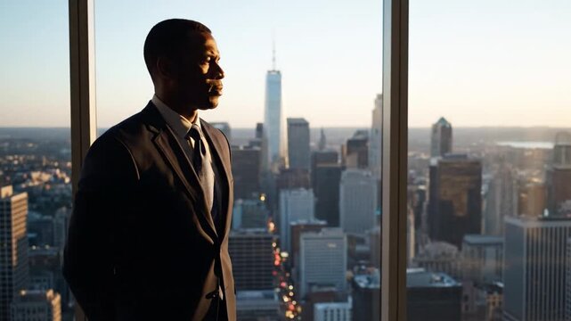 Businessman Standing by Window Overlooking Cityscape.