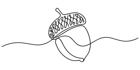 Acorn with Textured Cap and Smooth Shell continuous one line drawing, Simple Line Art Drawing of an Acorn, Oak Nut Seed Illustration, Simple Line Drawing of an Acorn with Detailed Cap and Empty Shell. © Gerish