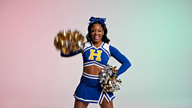 Energetic african american cheerleader dancing with pompoms
