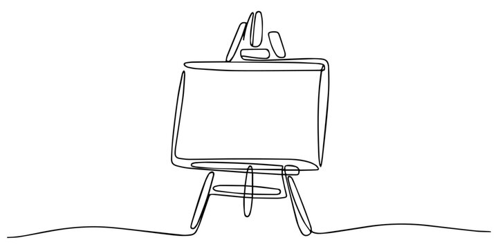 Blank White Canvas on Wooden Easel continuous one line drawing, Minimalist Sketch Style Artist Easel, Minimalist continuous line drawing of a blank canvas on a tripod easel stand Vector, illustration.