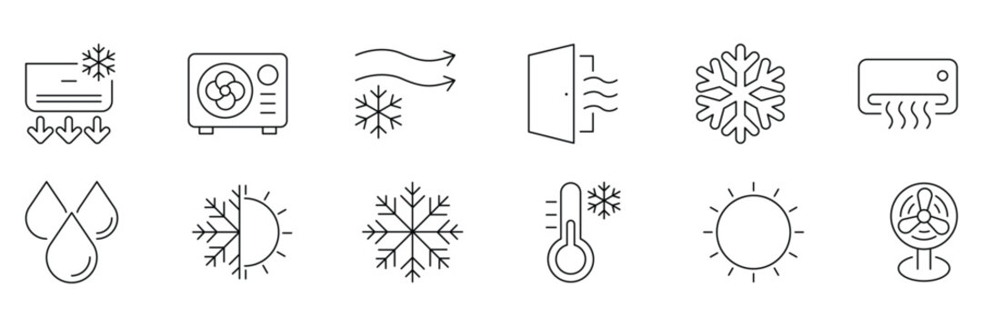 Air conditioning ventilation cooling heating humidity climate control hvac system icons set vector illustration for user interface design.