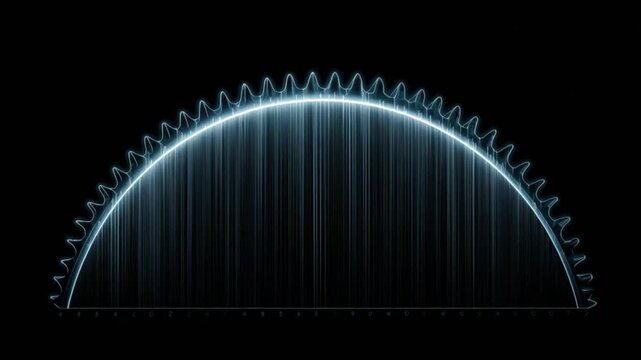 A luminous, serrated semi-circle with descending lines. The background is a solid black