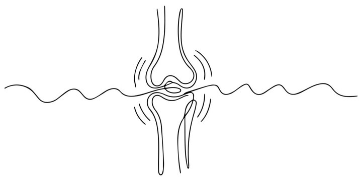 Knee Joint with Radiating Pain continuous one line drawing, Simple black line drawing of a human knee joint with pain, Hand drawn sketch of a human knee joint with radiating lines suggesting pain pro.