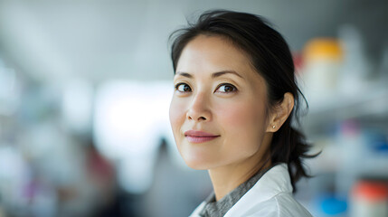 Obraz premium Portrait of a focused female scientist in a laboratory setting, wearing a white lab coat, suggesting a professional medical or scientific research environment.
