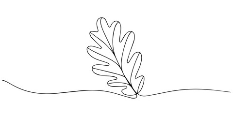 Abstract continuous line drawing of an oak leaf with stem, Minimalist continuous line drawing of a single oak leaf with a stem and a curved line representing the ground or a branch evoking nature pro. © Gerish