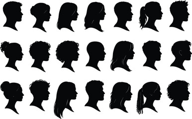Collection of diverse human head profile silhouettes, men and women side view portraits set isolated on white background for design and branding use