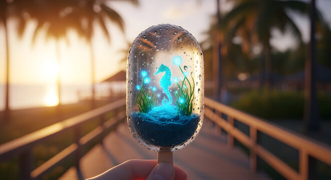 Seahorse popsicle with miniature ocean scene inside at sunset beach