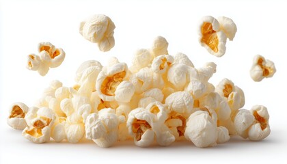 Obraz premium Realistic floating popcorn and kernels flying in the air isolated on a white background