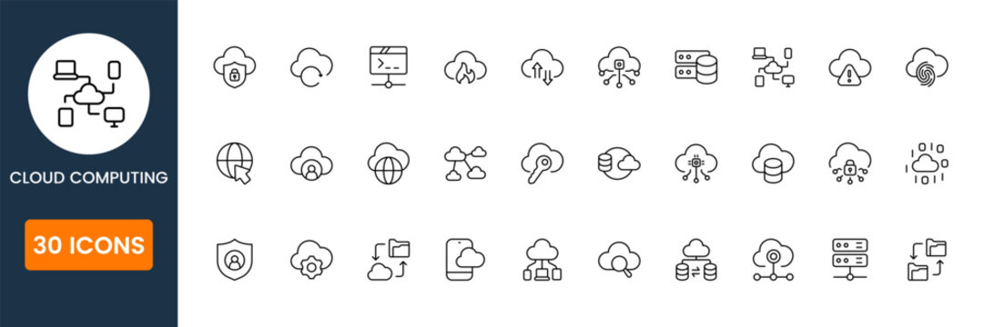cloud computing icon set, data storage server and network symbols, modern technology hosting vector icons, digital cloud service UI pack
