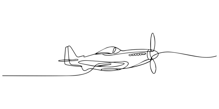 Vintage WWII Fighter Aircraft continuous one line drawing, A detailed sketch of a vintage military aircraft in flight, Classic world war ii era fighter airplane depicted as a simple black and white on