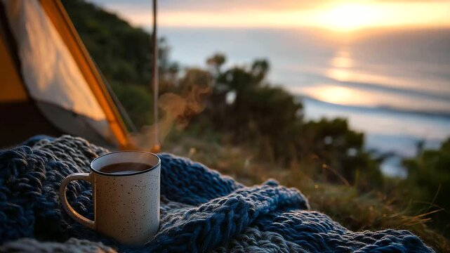 Cozy camping scene at sunset featuring tent, warm blanket and steaming mug by ocean, capturing tranquility and adventure, beachside camping, with copy space