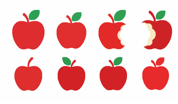 Flat red apple icon set with modern fruit symbol collection isolated on white background