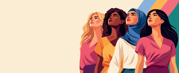 International Women's Day. March 8. Vector banner women of different cultures, nationalities standing together, look up confidently. Symbol unity, equality, diversity, empowerment. For women's project