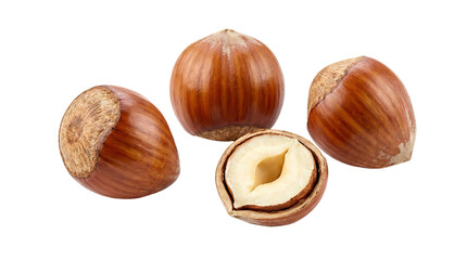 Hazelnuts with one cut in half revealing the inner nut surrounded by whole nuts on a white background product shot isolated