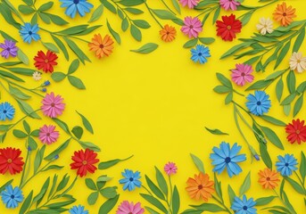 Fototapeta premium Bright yellow background covered with an abstract pattern of various colorful flowers and green leaves, design, background, decorative