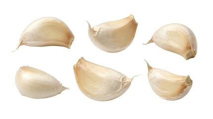 Garlic cloves arranged in a natural formation showcasing their distinct shapes and textures with studio shot on white and transparent