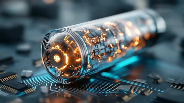 Futuristic glowing cylindrical device displayed on circuit board, intricate patterns and vibrant blue orange lighting, advanced electronics concept, with copy space