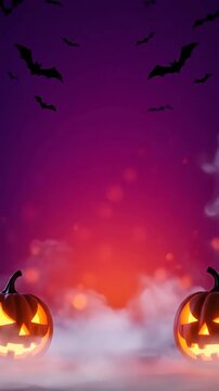 Spooky Halloween scene featuring glowing pumpkin lanterns, flying bats, and swirling mist against a vibrant purple night sky.