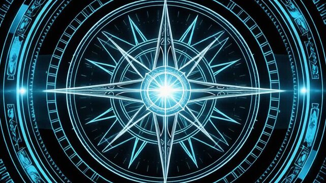 Glowing digital compass, bright blue, against black background with intricate details