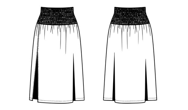 Technical vector drawing of midi skirt with gathered waist