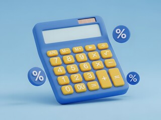 a vibrant blue calculator with yellow buttons and floating percentage symbols is presented on a soft blue background creating a minimal aesthetic