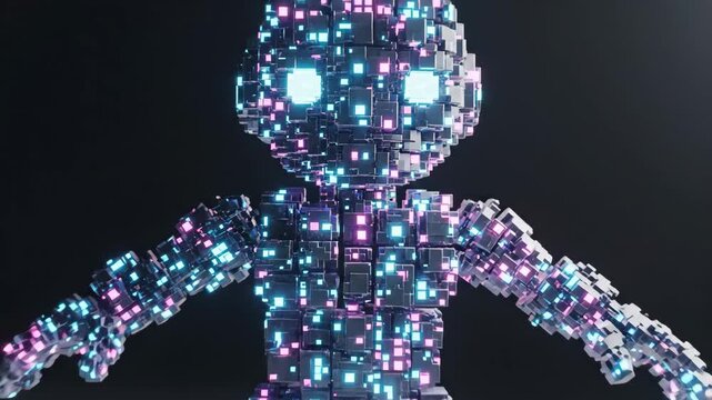 Luminous artificial intelligence robot pulsating with neon light