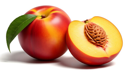 Two vibrant peaches one halved showcasing juicy flesh and pit with a green leaf on a white background