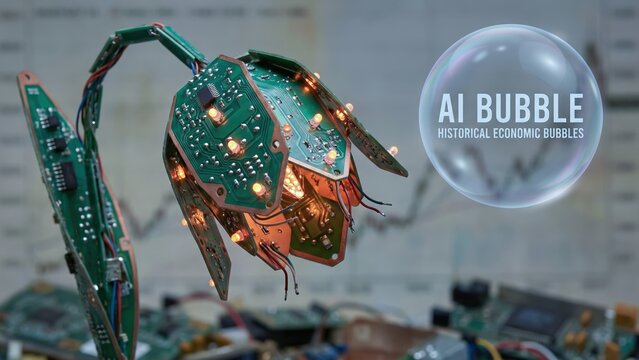 Flower made of electronic circuit boards inside a bubble, concept of AI Bubble, historical economic bubbles like Tulip Mania and tech hype