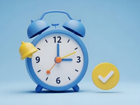a vibrant blue alarm clock displaying three o clock with a ringing yellow bell and a checkmark icon high quality professional