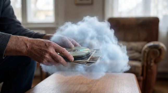 Conceptual photo of transferring physical media to cloud storage. Male hands holding a stack of CD discs and photos wrapped in a digital cloud