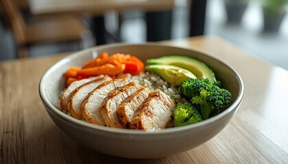 Healthy Grilled Chicken Protein Bowl with Brown Rice and Vegetables in Cafe Setting