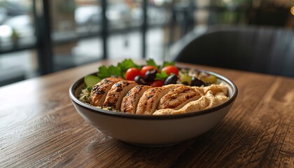 Mediterranean High Protein Bowl with Grilled Chicken Hummus and Fresh Vegetables in Modern Cafe