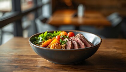 High Protein Beef Steak Bowl with Sweet Potato and Greens in Contemporary Cafe