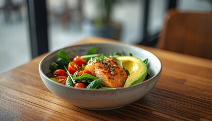 Low Carb Keto Protein Bowl with Grilled Salmon Avocado and Leafy Greens on Cafe Table