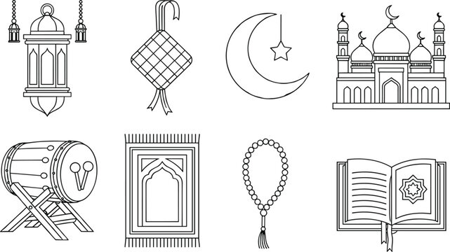 Line Art Islamic Eid Mubarak Icon Set, Traditional Ketupat, Bedug Drum, Mosque, and Prayer Rug Vector Illustration