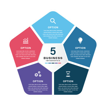 Colorful Pentagon Business Infographic Diagram with Five Segmented Options, Icons, and Central Hexagon for Corporate Strategy, Marketing, and Presentation Templates