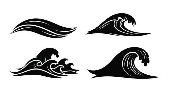 Four black wave designs create a dynamic ocean current silhouette