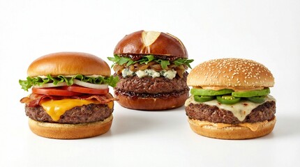 Three gourmet burgers with varied toppings displayed on a clean white surface from a frontal viewpoint