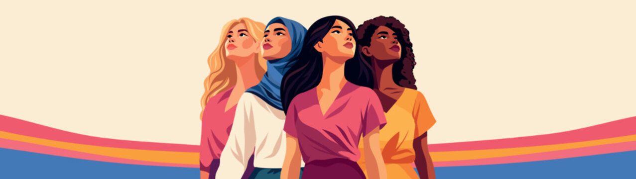 Women's Day. March 8. Horizontal vector banner women of different skin colors, nationalities standing together, looking up. Feminism, freedom. Movement for gender equality, women's empowerment