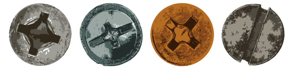 Screw head. Construction fastener head. Bolt head. Self-tapping screw head. Set Vector illustration