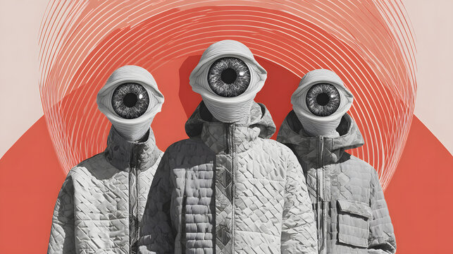 Three figures with eye masks against red background