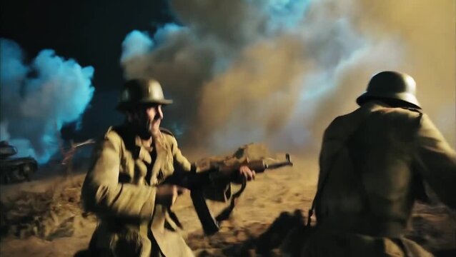 Cinematic aerial shot of a night war zone. Soldiers running through the chaos of massive explosions and bomb blasts. Fiery light reflects off the smoke. Realistic Generative AI.